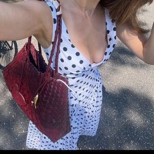 Woven Leather Tote Bag in Deep Wine Red